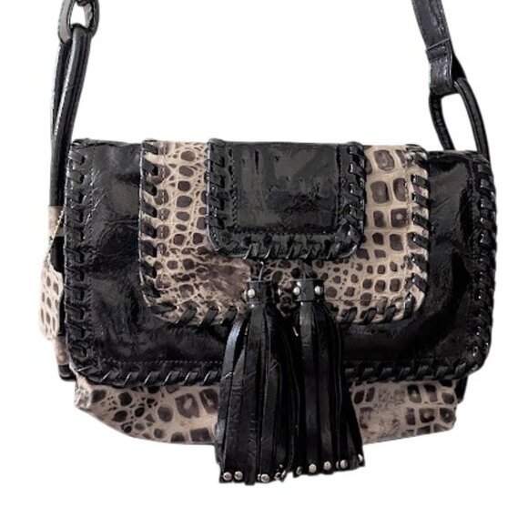 Madi Claire Grayish/Brownish w/Black Trim Embossed Leather Faux Snakeskin Bag - Picture 1 of 7